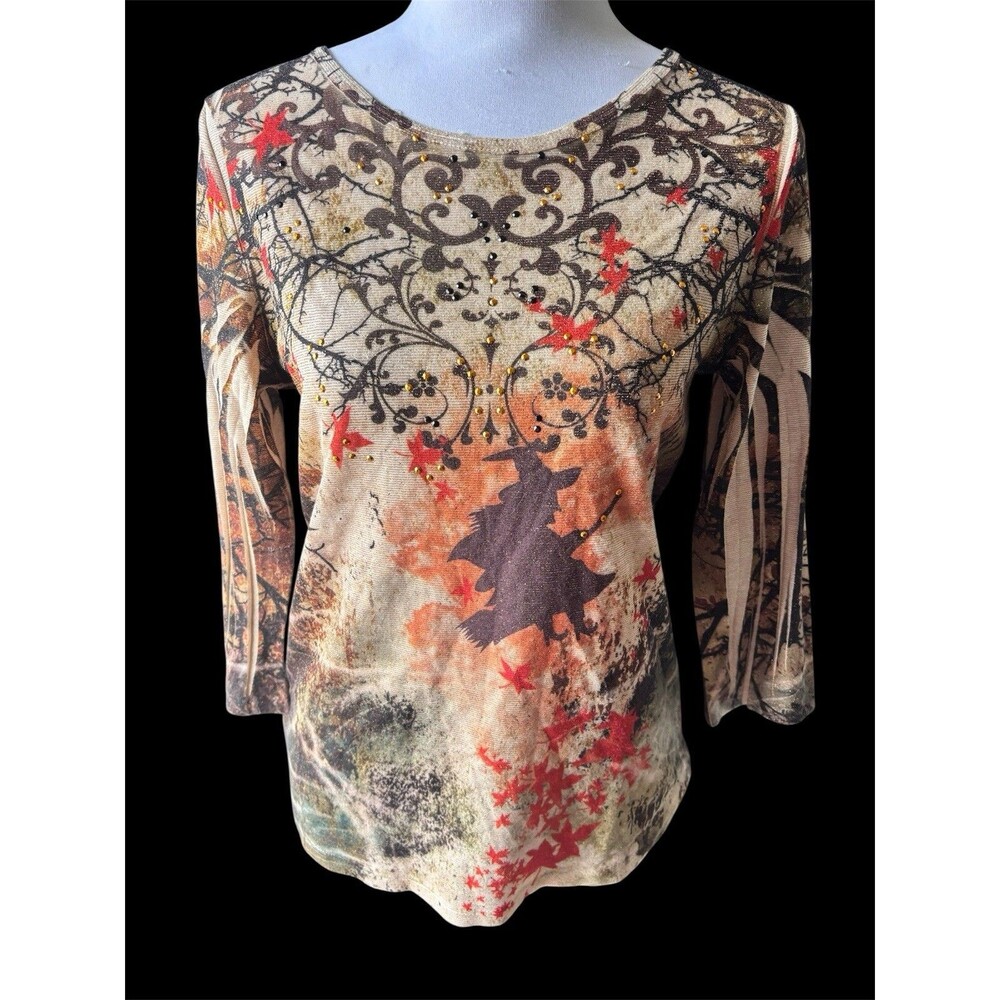 Vtg Y2K Boho Whimsigoth Halloween Witch Gold Metallic Mesh Sublimated Bling Top